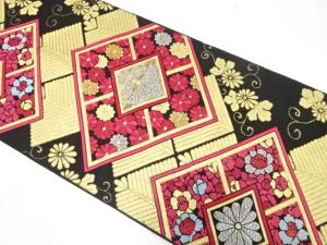 アンティーク　菱に桐・菊・牡丹模様織り出し袋帯（着用可）